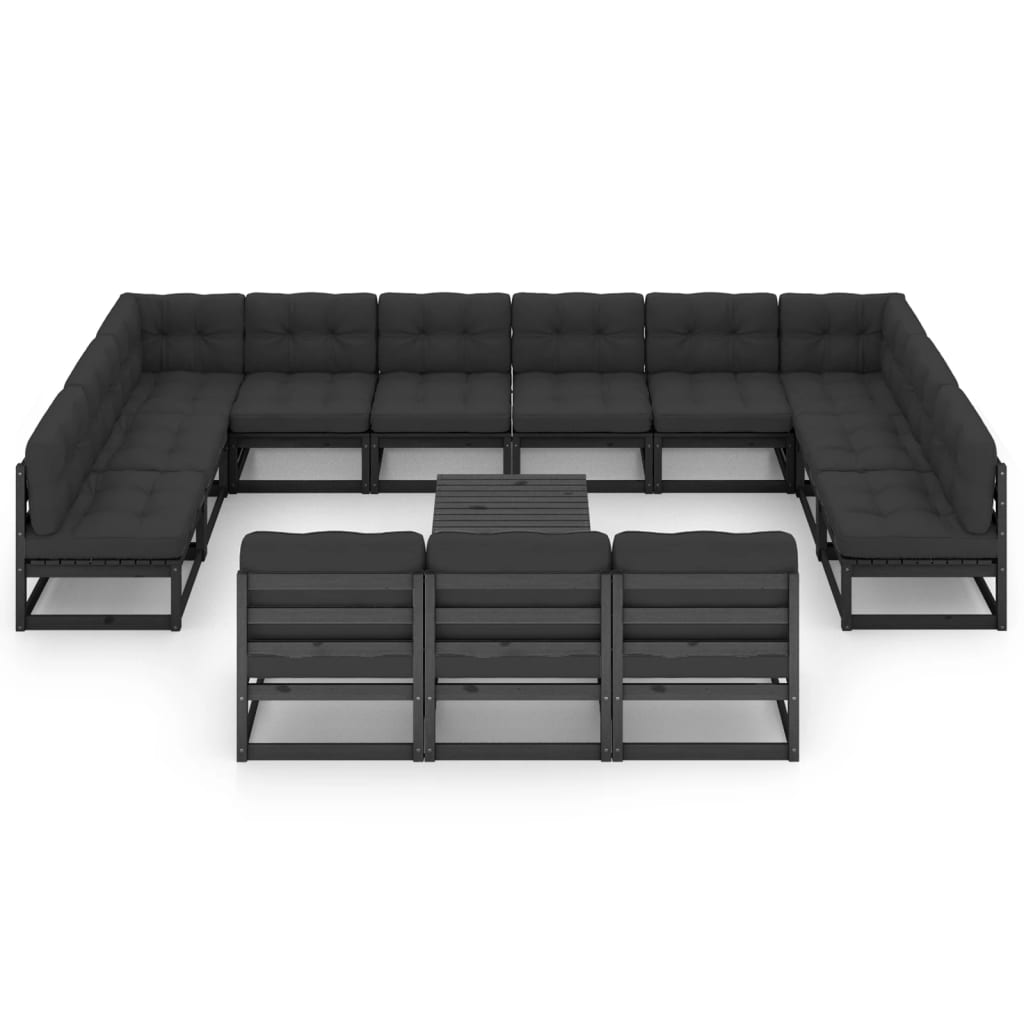 14-tlg. Garten-Lounge-Set mit Kissen Schwarz Kiefer Massivholz
